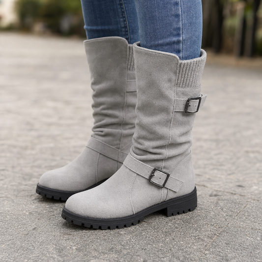 Gray slouch mid-calf boots with ribbed cuff and buckled side straps