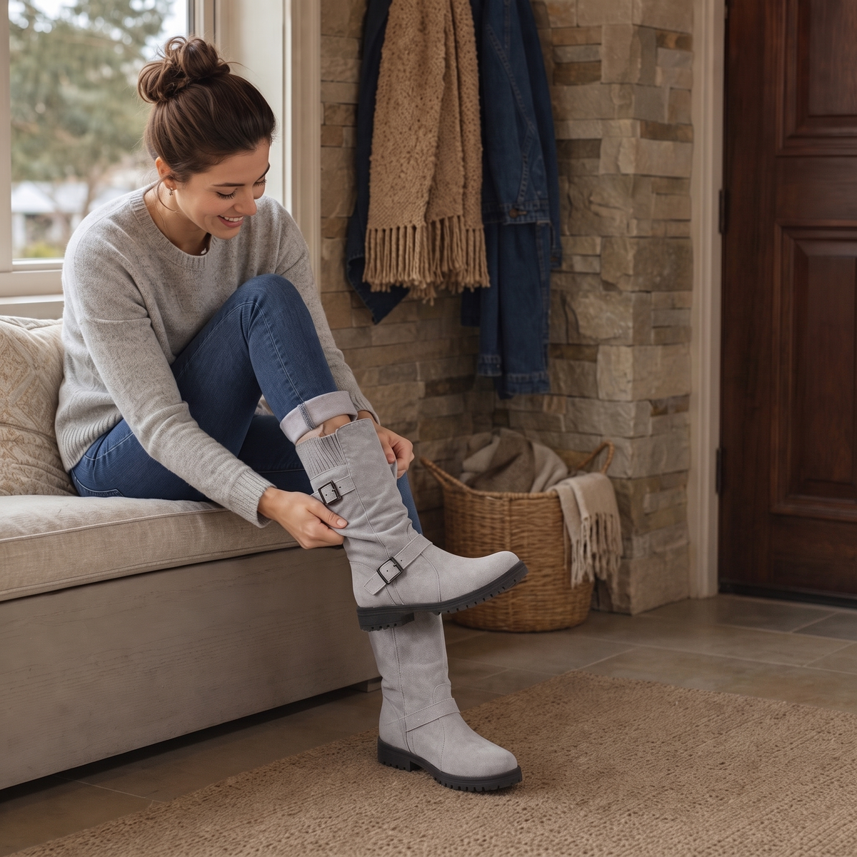 Gray slouch mid-calf boots with ribbed knit cuff and buckle strap on jeans.