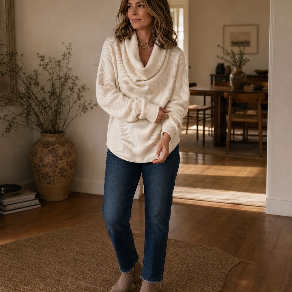 Cream ribbed knit cowl-neck top with long sleeves and draped cowl neckline