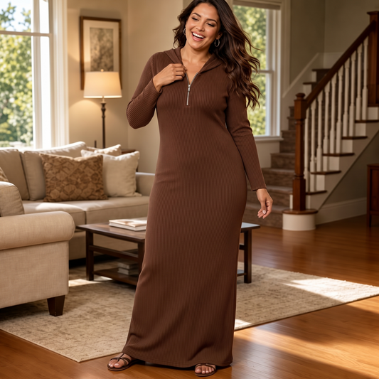 Ribbed hooded maxi dress in brown with front half-zip, long sleeves, and side pockets