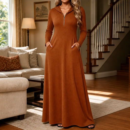 Ribbed hooded maxi dress in light brown with front half-zip and long sleeves