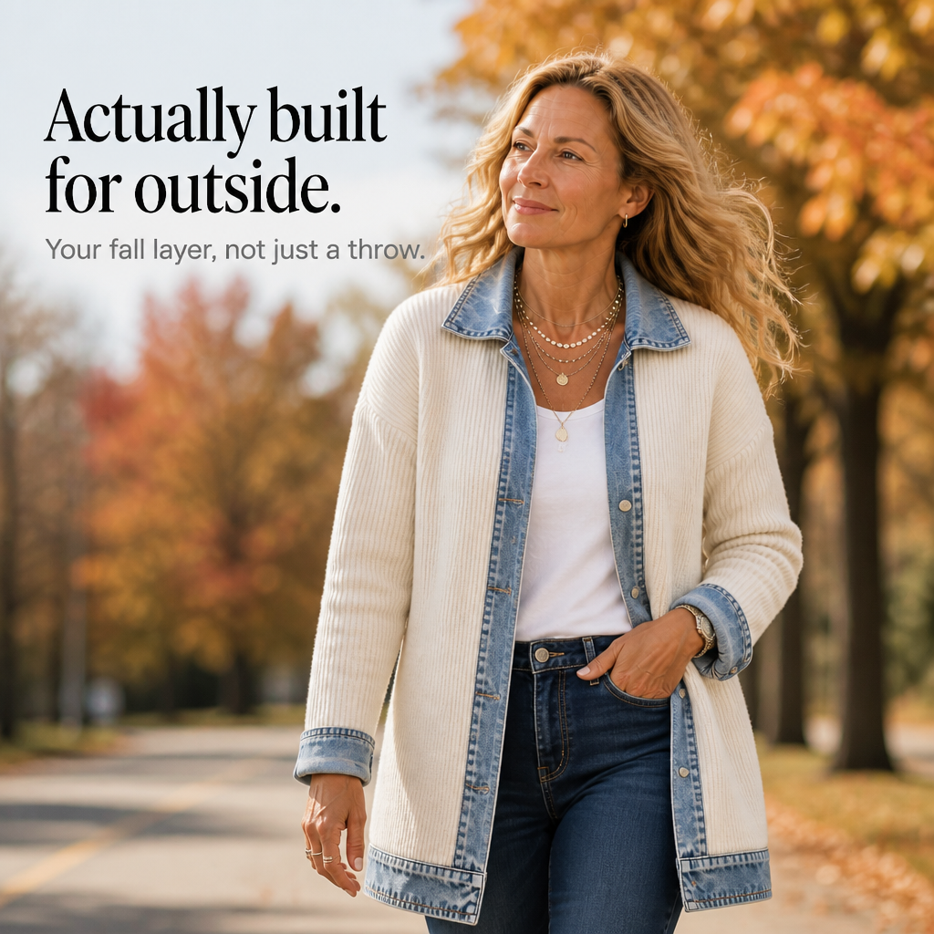 Ribbed Knit Coat With Denim Panels