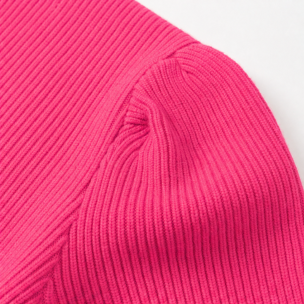 Ribbed knit crew-neck bodycon sweater dress, coral-pink sleeve close-up