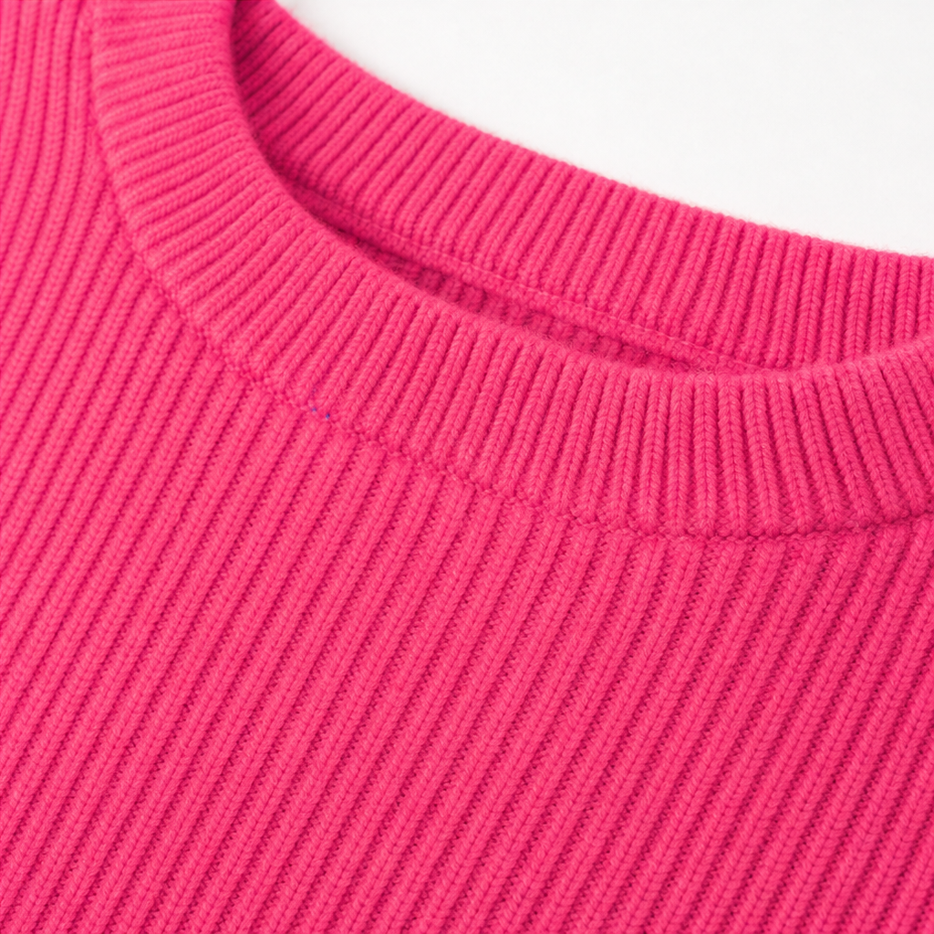 Ribbed knit crew-neck bodycon sweater dress, coral-pink crew neckline