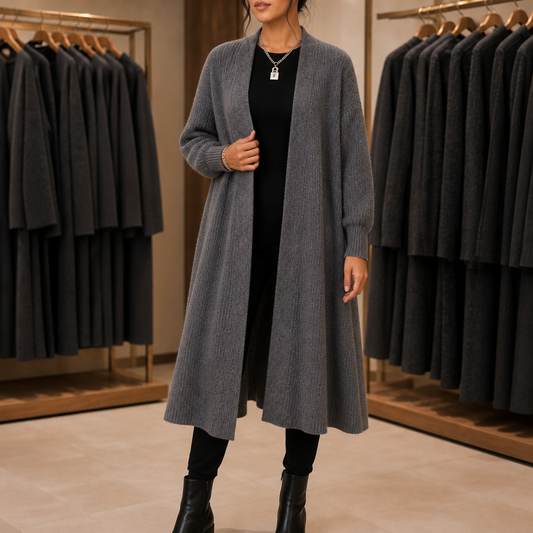 Gray ribbed knit longline cardigan, open front with long sleeves and draped hem