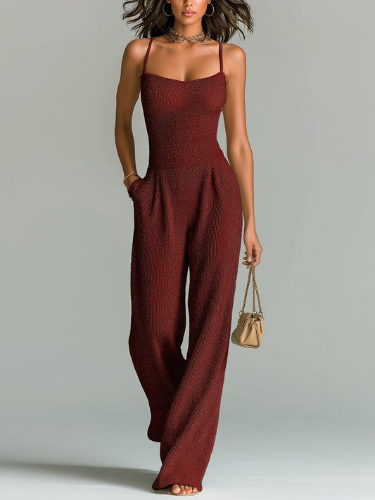 Ribbed knit wide-leg jumpsuit with thin straps, dark red