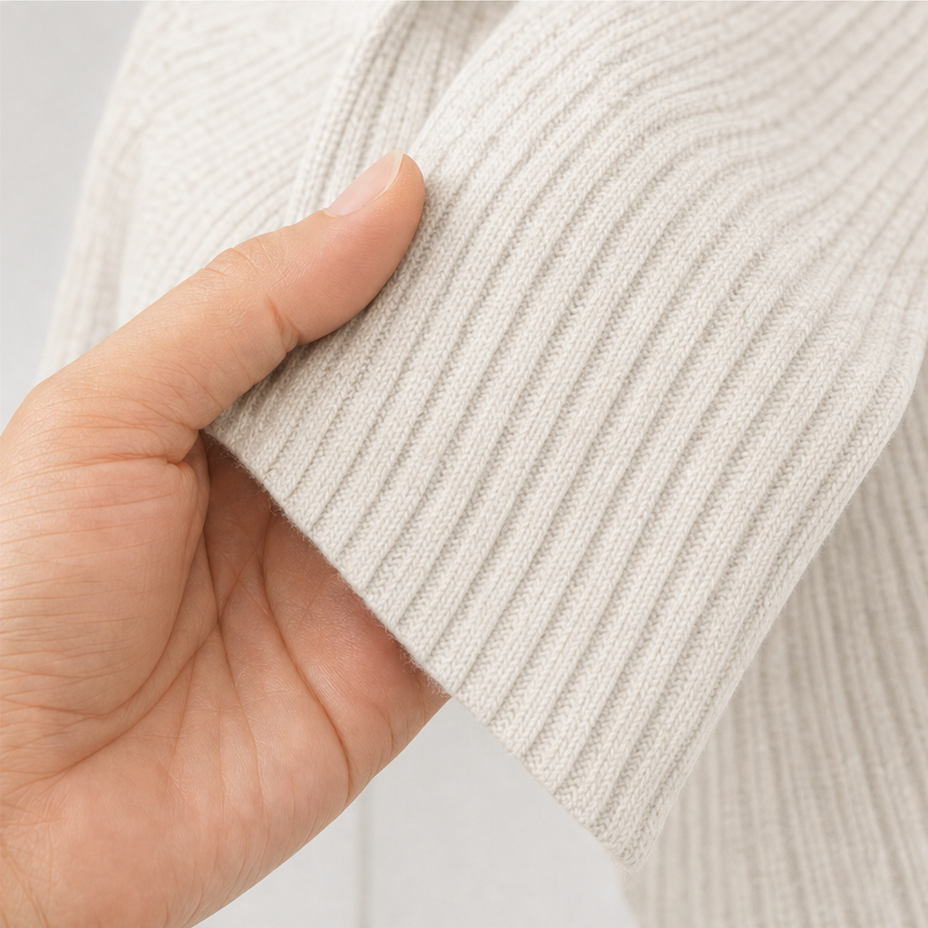Ribbed knit open-front cardigan, light cream cuff edge detail with knit texture