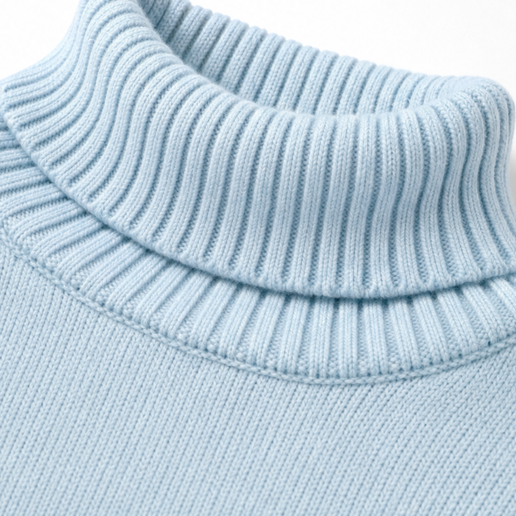 Sky blue ribbed roll-neck collar sweater knit detail