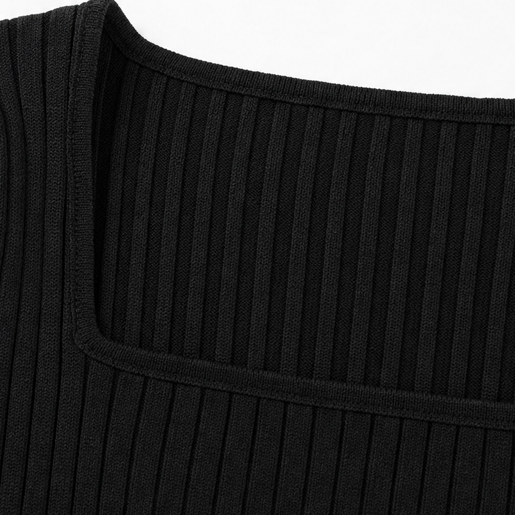 Close-up of black ribbed square-neck top neckline and curved seam