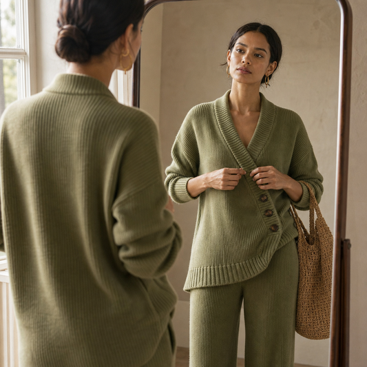 Green ribbed wrap top and wide-leg pants set, wrap V-neck with button placket