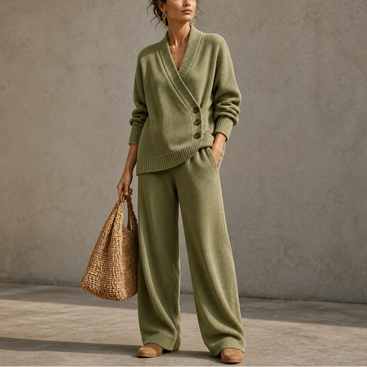 Ribbed wrap knit top and wide-leg pants set, green V-neck with button placket