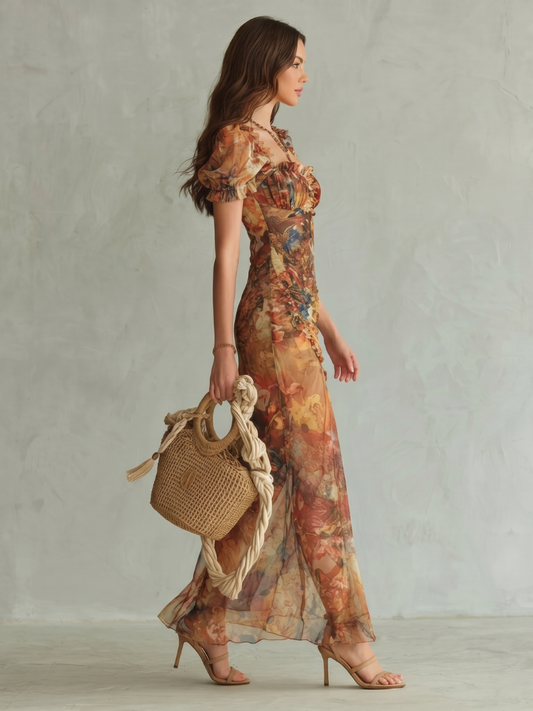 Ruched slit midi dress with ruffled sleeves, multicolor floral print, side view, carries straw bag