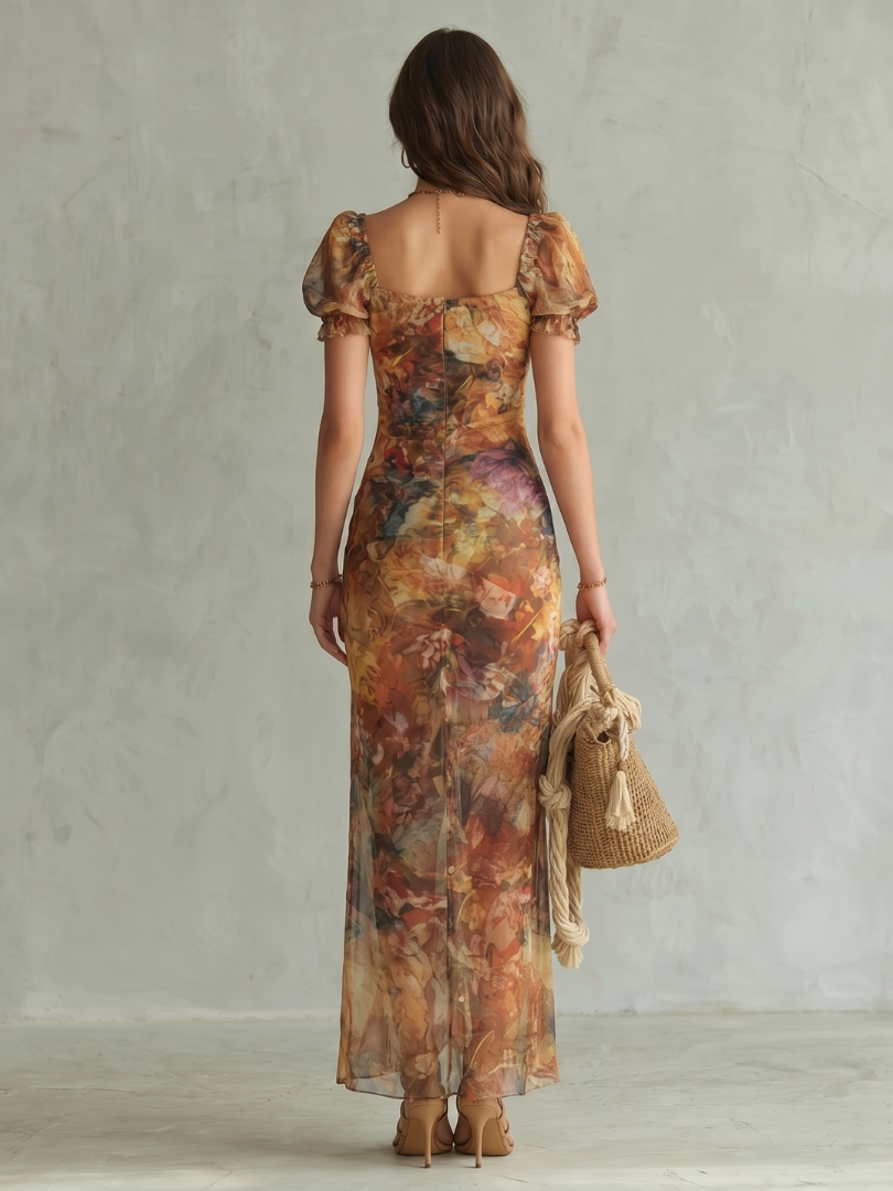 Ruched slit midi dress with ruffled sleeves, multicolor floral print, back view, slit hem