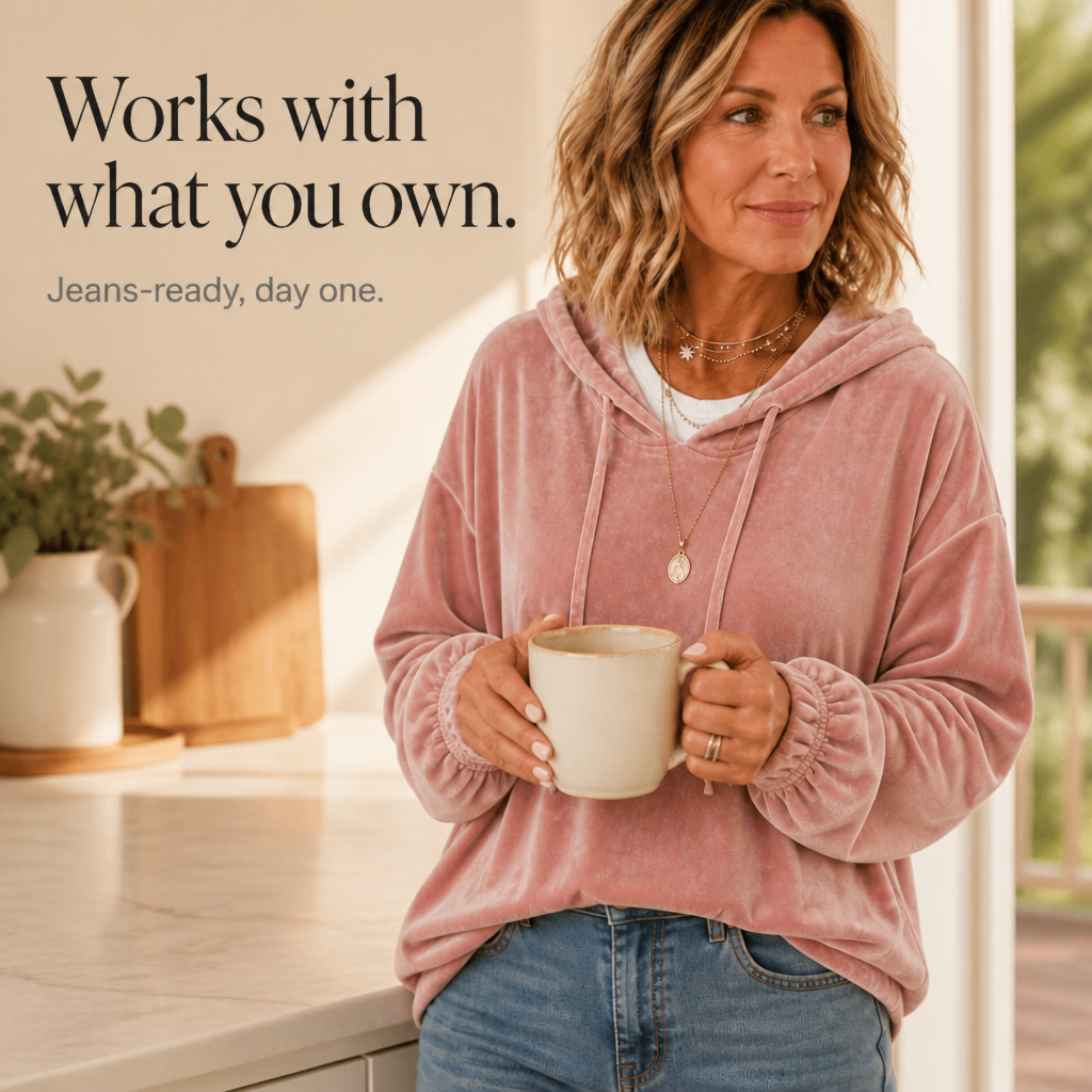 Dusty pink velvet hoodie with drawstring hood, ruffle cuffs, and relaxed fit