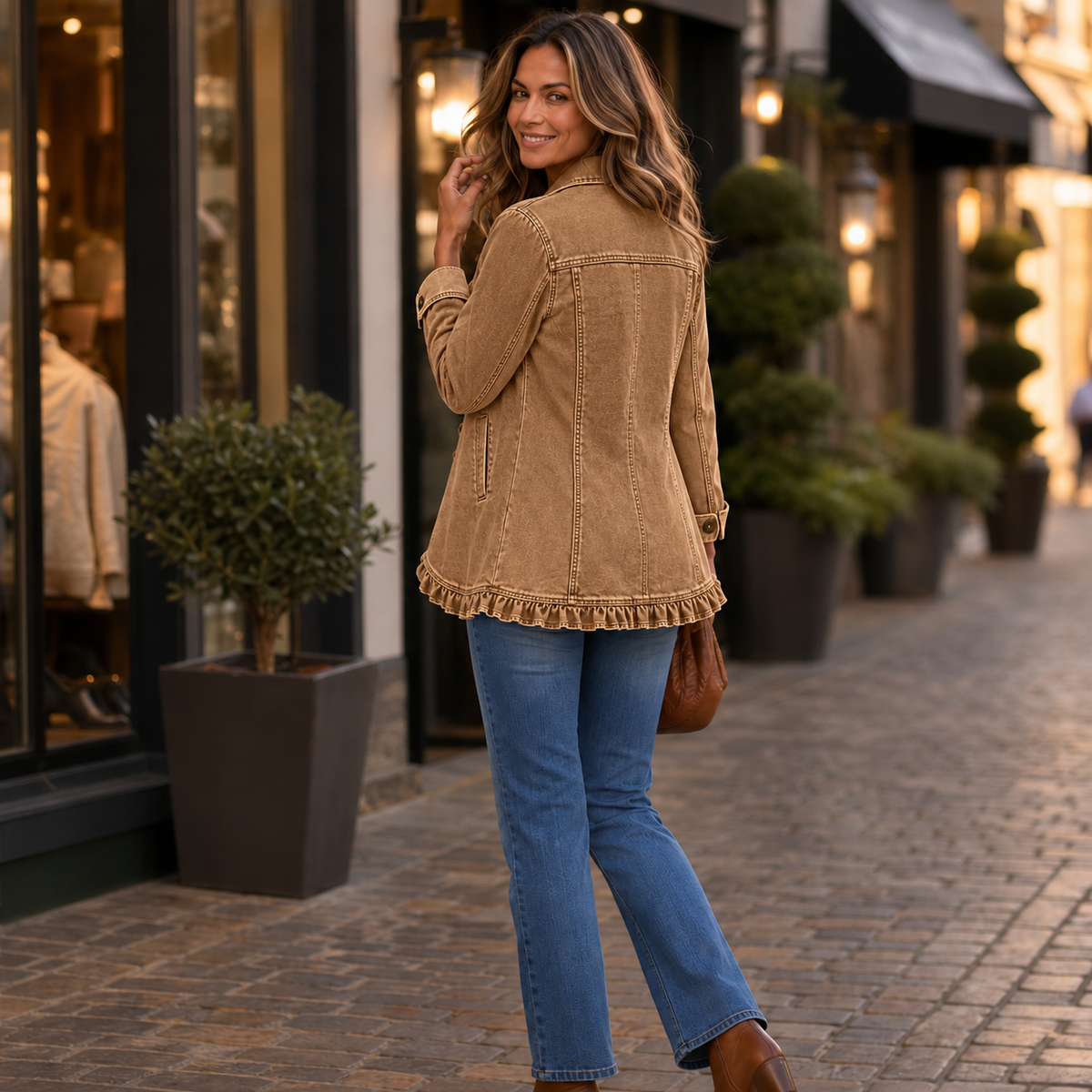 Ruffle-Trim Button-Front Denim-Look Jacket