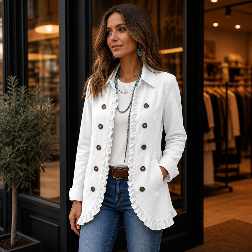 Ruffle-Trim Button-Front Denim-Look Jacket