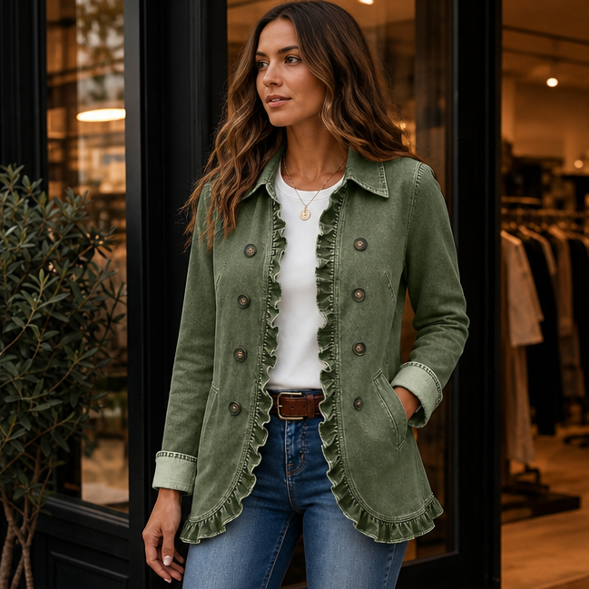 Ruffle-Trim Button-Front Denim-Look Jacket