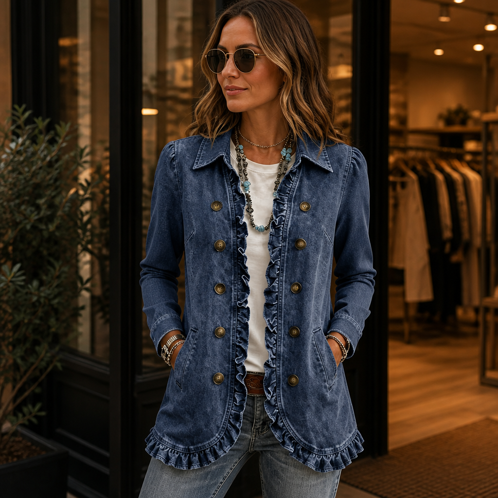 Ruffle-Trim Button-Front Denim-Look Jacket