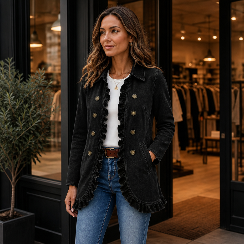 Ruffle-Trim Button-Front Denim-Look Jacket