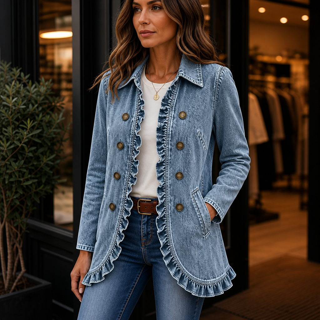 Ruffle-Trim Button-Front Denim-Look Jacket