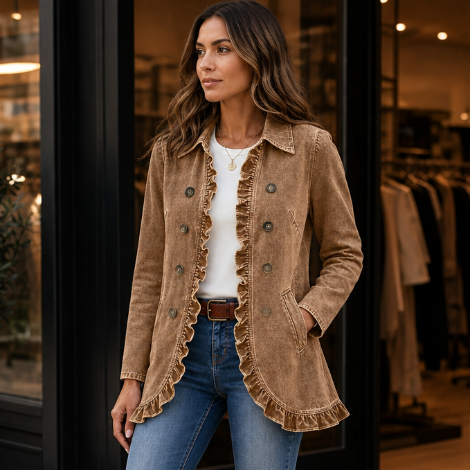 Ruffle-Trim Button-Front Denim-Look Jacket