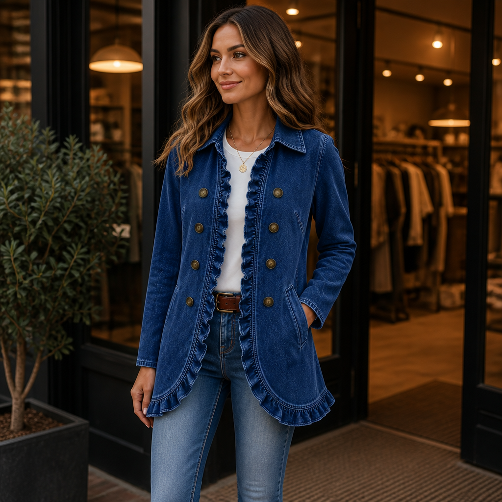 Ruffle-Trim Button-Front Denim-Look Jacket