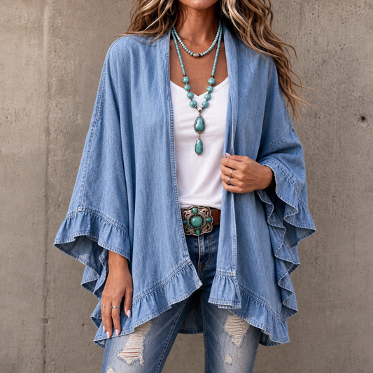 Ruffle-Trim Open-Front Denim Look Cardigan