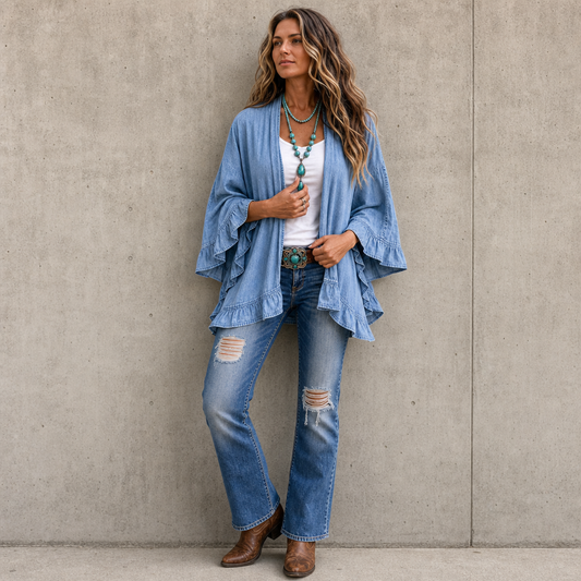 Blue denim-look open-front cardigan with ruffled hem and long sleeves