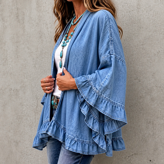 Blue denim-look ruffle-trim open-front cardigan with layered sleeve hems