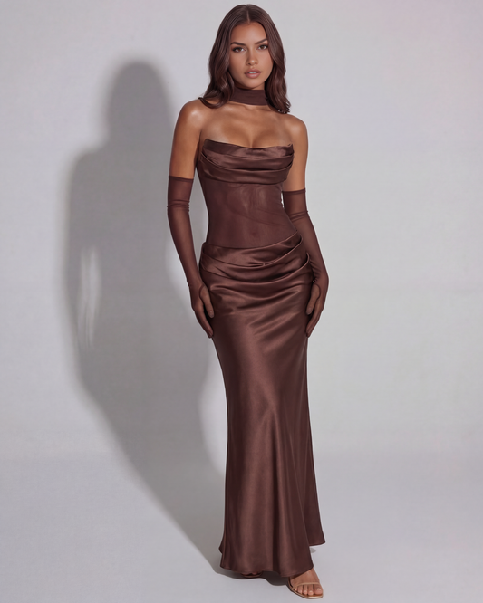 Brown satin cowl neck maxi dress with ruched bodice and draped skirt