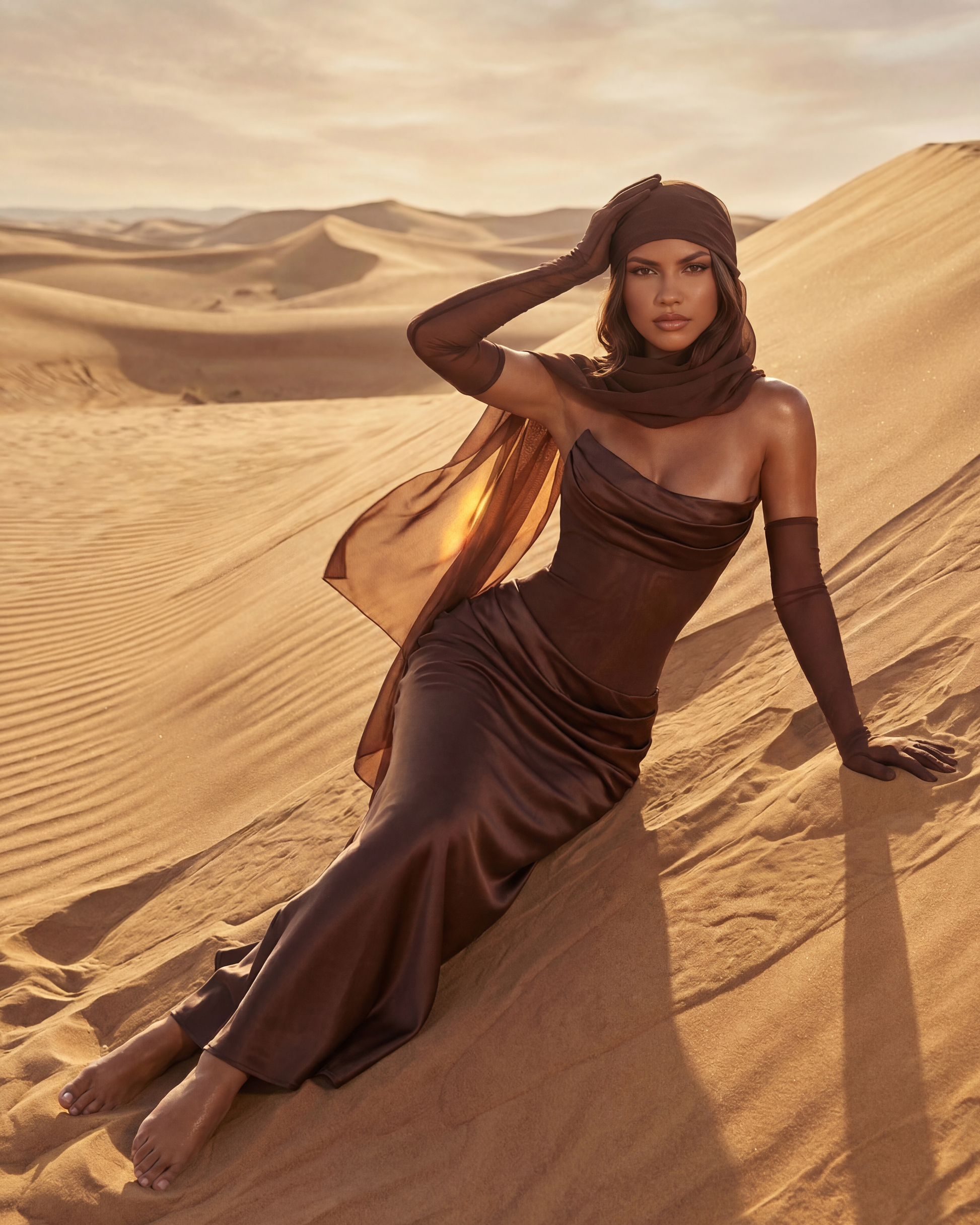 Brown satin cowl neck maxi dress with draped cowl straps and ruched skirt