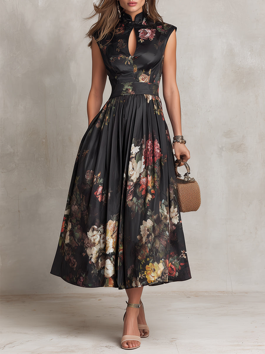 Black satin pleated midi dress with keyhole collar, sleeveless floral print