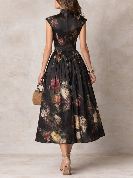 Black satin pleated midi dress, sleeveless high-neck with keyhole, floral print
