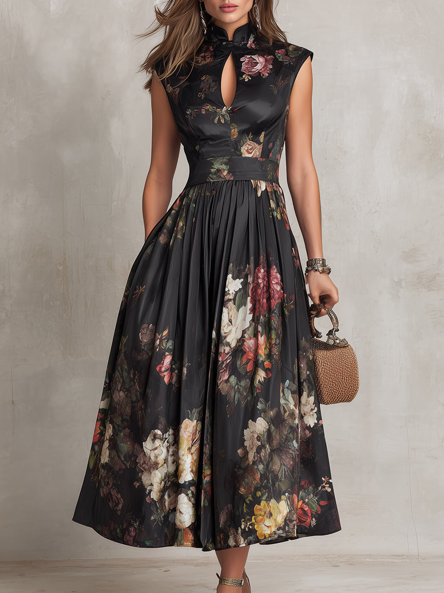 Black floral satin pleated midi dress with keyhole neckline, fitted waist