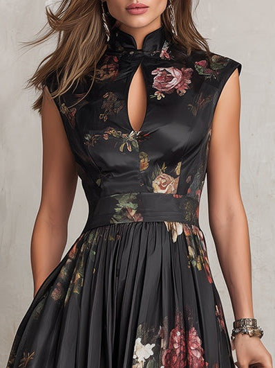 Black sleeveless satin dress with keyhole cutout collar and floral print