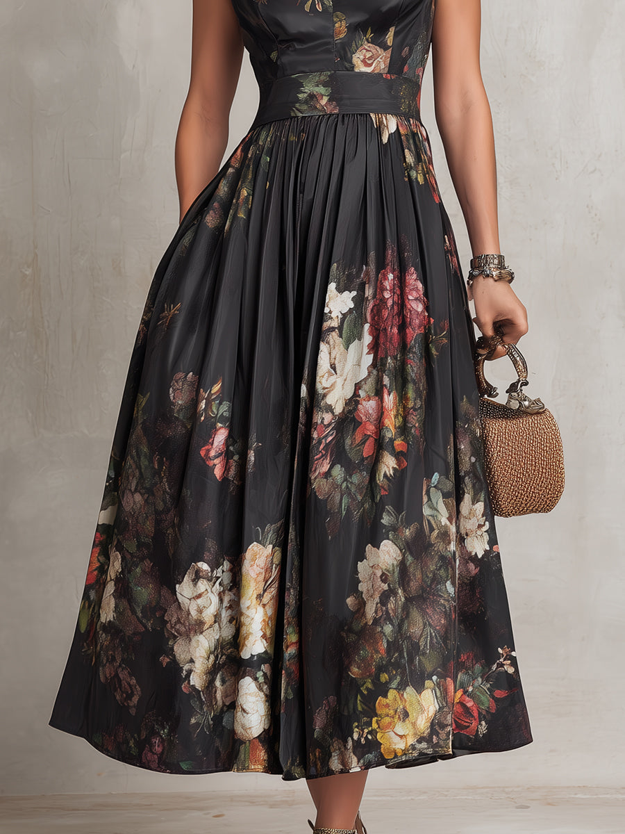 Black satin pleated midi dress with floral skirt, sleeveless keyhole neckline