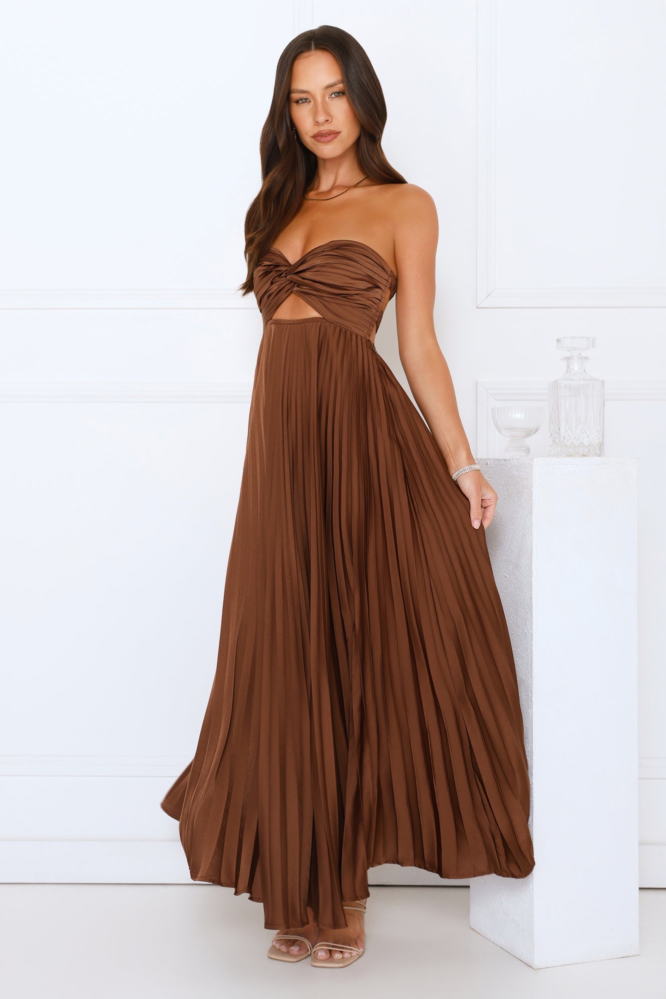 Brown satin strapless maxi dress with twisted bandeau bodice