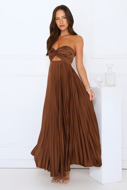 Brown satin strapless maxi dress with twisted bandeau bodice