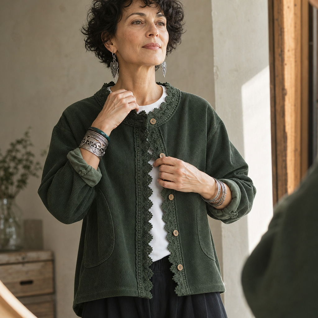 Green corduroy-look jacket with lace-trimmed placket and button front