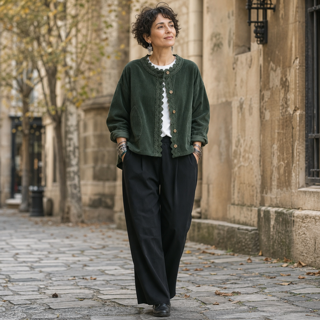 Green corduroy-look jacket with scalloped lace trim and front button closure
