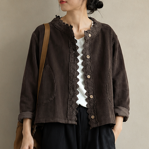 Brown corduroy-look jacket with scalloped lace trim and button front