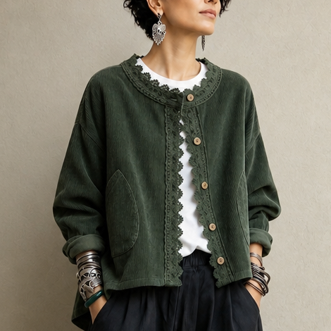 Dark green corduroy-look jacket with scalloped lace trim and button front