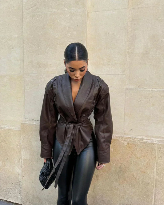 Brown sculpted wrap jacket with V-neck, long sleeves, tied waist and shoulder ties
