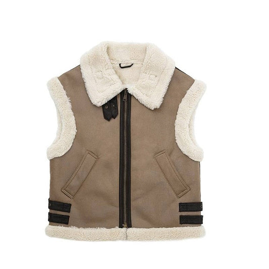 Shearling vest in light brown with large shearling collar, front zipper, and patch pockets
