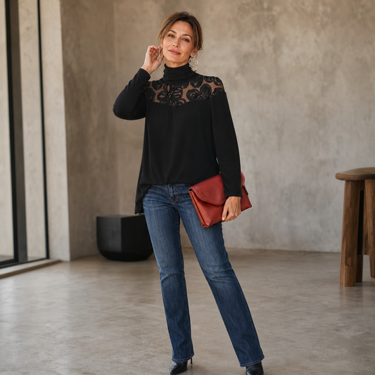 Black high-neck blouse with lace yoke, long sleeves, and loose gathered bodice