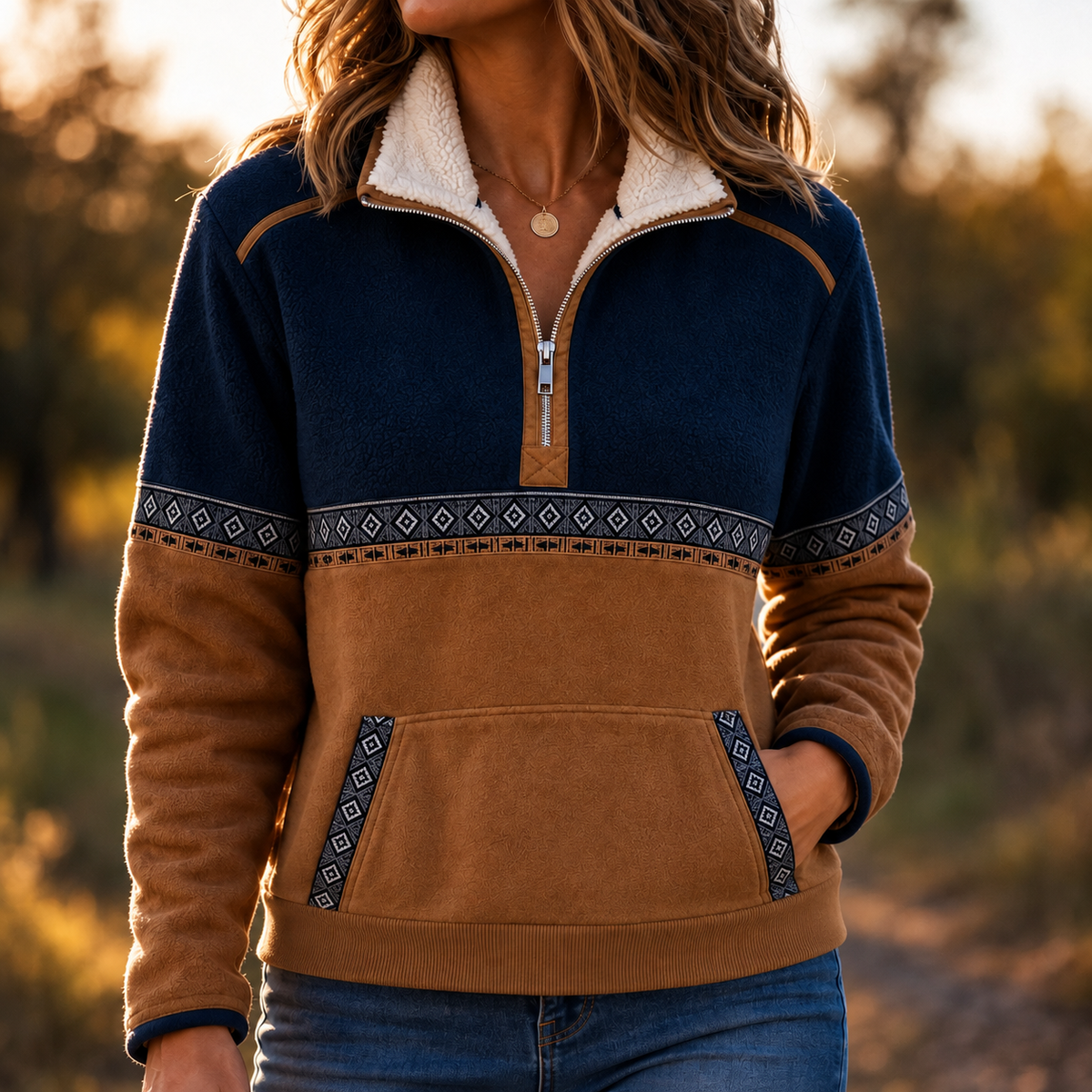Colorblock sherpa half-zip pullover with navy and brown body, fleece-lined collar