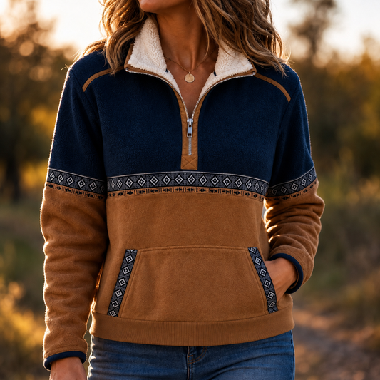 Colorblock sherpa half-zip pullover with navy and brown body, fleece-lined collar