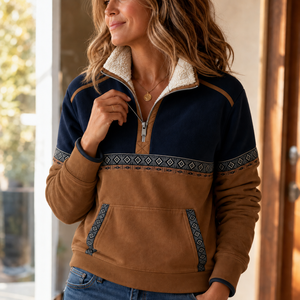 Navy and brown sherpa collar half-zip pullover with geometric stripe yoke and quarter-zip