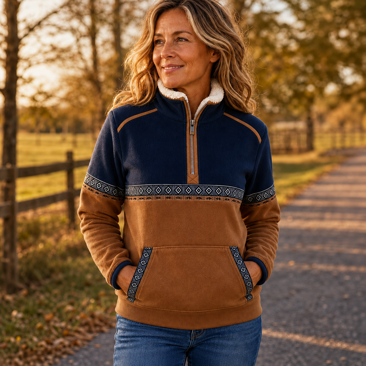 Colorblock sherpa half-zip pullover with navy top, brown midsection, and fleece-lined stand collar