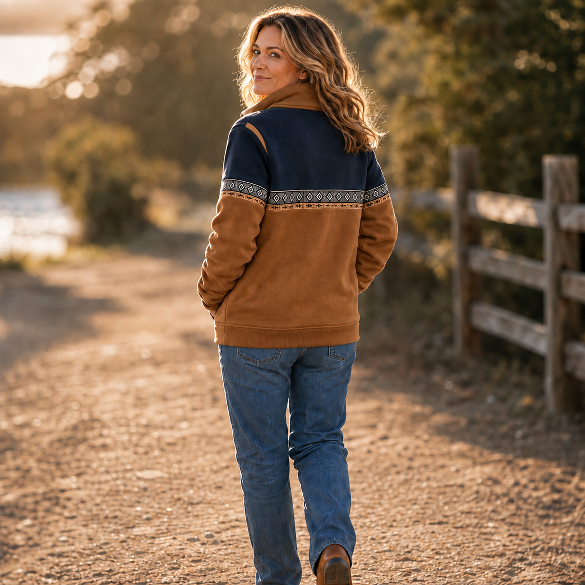 Back view of navy and brown sherpa collar half-zip pullover with geometric trim sleeves